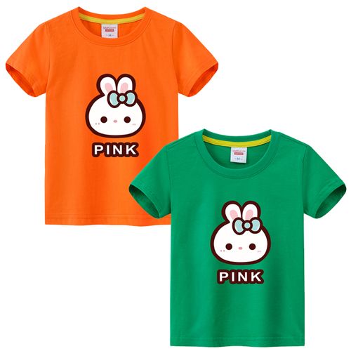 2-9-12岁宝宝小兔子t恤全棉橙色绿色短袖衣服 中小童团体演出服装