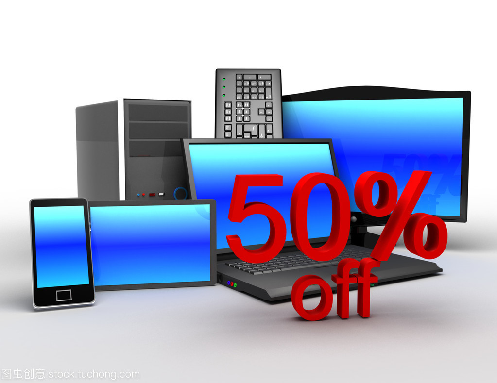 3d 电子产品概念。电子销售 50%的折扣的概念